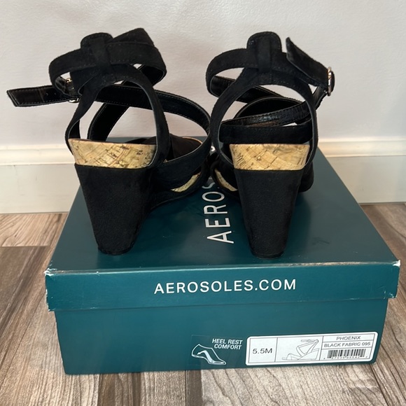 🖤Aerosoles Phoenix Black Suede/Cork Ankle Strappy Wedge with Heel Rest Comfort - Picture 4 of 8